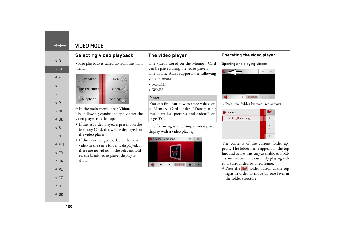 Video mode, Selecting video playback, The video player | Operating the video player, Opening and playing videos | Becker TRAFFIC ASSIST Z200 User Manual | Page 100 / 117