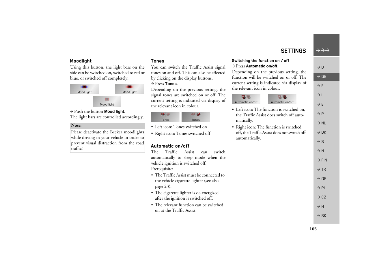 Moodlight, Tones, Automatic on/off | Switching the function on / off, Settings | Becker TRAFFIC ASSIST Z200 User Manual | Page 105 / 117