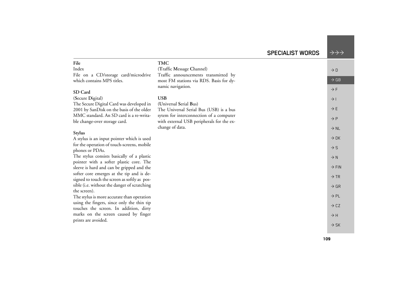 Specialist words | Becker TRAFFIC ASSIST Z200 User Manual | Page 109 / 117