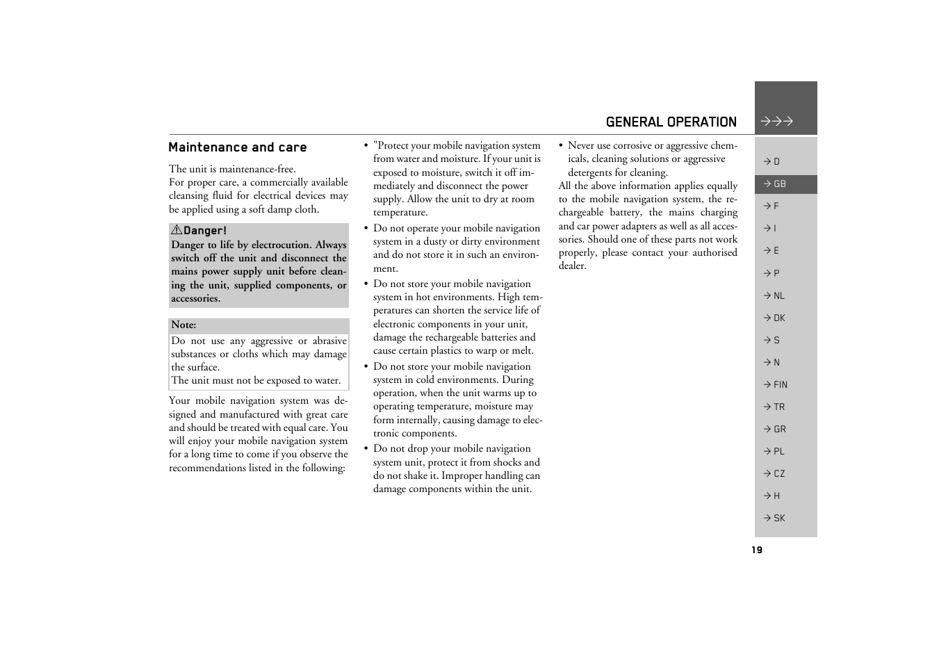 General operation, Maintenance and care | Becker TRAFFIC ASSIST Z200 User Manual | Page 19 / 117