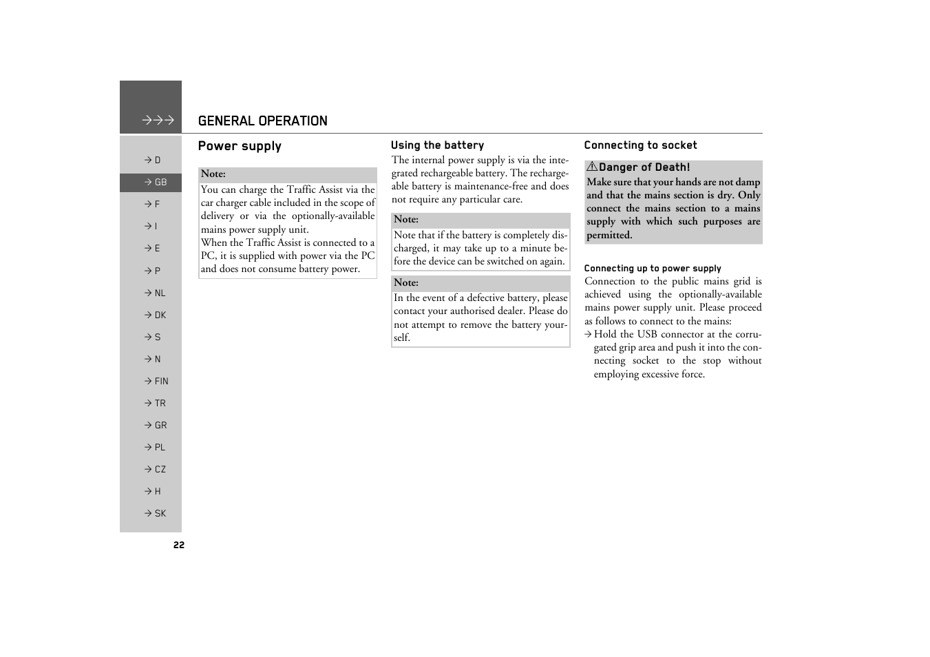 Power supply, Using the battery, Connecting to socket | Connecting up to power supply | Becker TRAFFIC ASSIST Z200 User Manual | Page 22 / 117