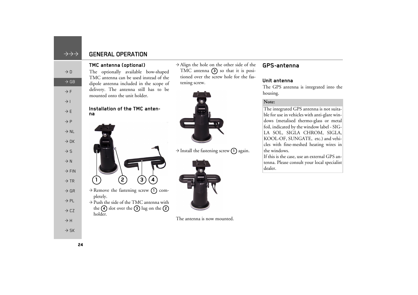 Tmc antenna (optional), Installation of the tmc antenna, Gps-antenna | Unit antenna, General operation | Becker TRAFFIC ASSIST Z200 User Manual | Page 24 / 117