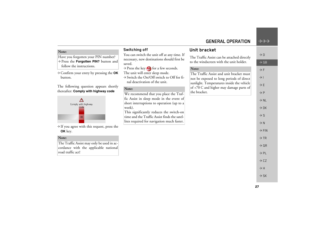 Switching off, Unit bracket, General operation | Becker TRAFFIC ASSIST Z200 User Manual | Page 27 / 117