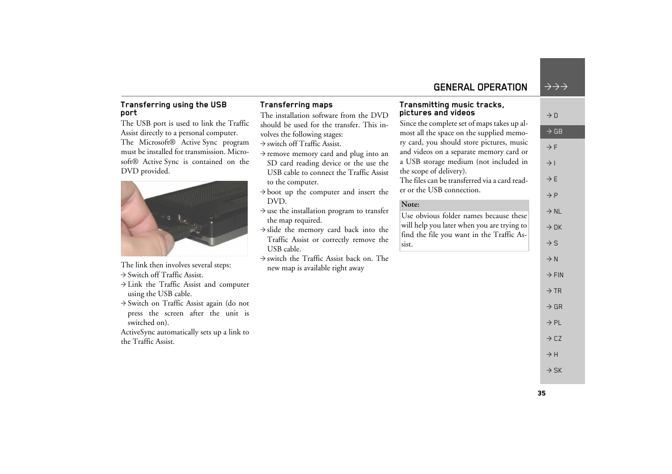 Transferring using the usb port, Transferring maps, Transmitting music tracks, pictures and videos | General operation | Becker TRAFFIC ASSIST Z200 User Manual | Page 35 / 117