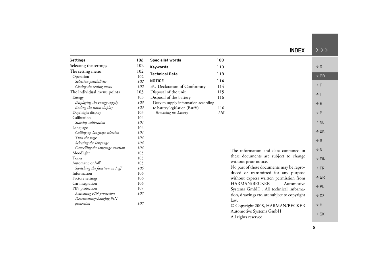 Index | Becker TRAFFIC ASSIST Z200 User Manual | Page 5 / 117