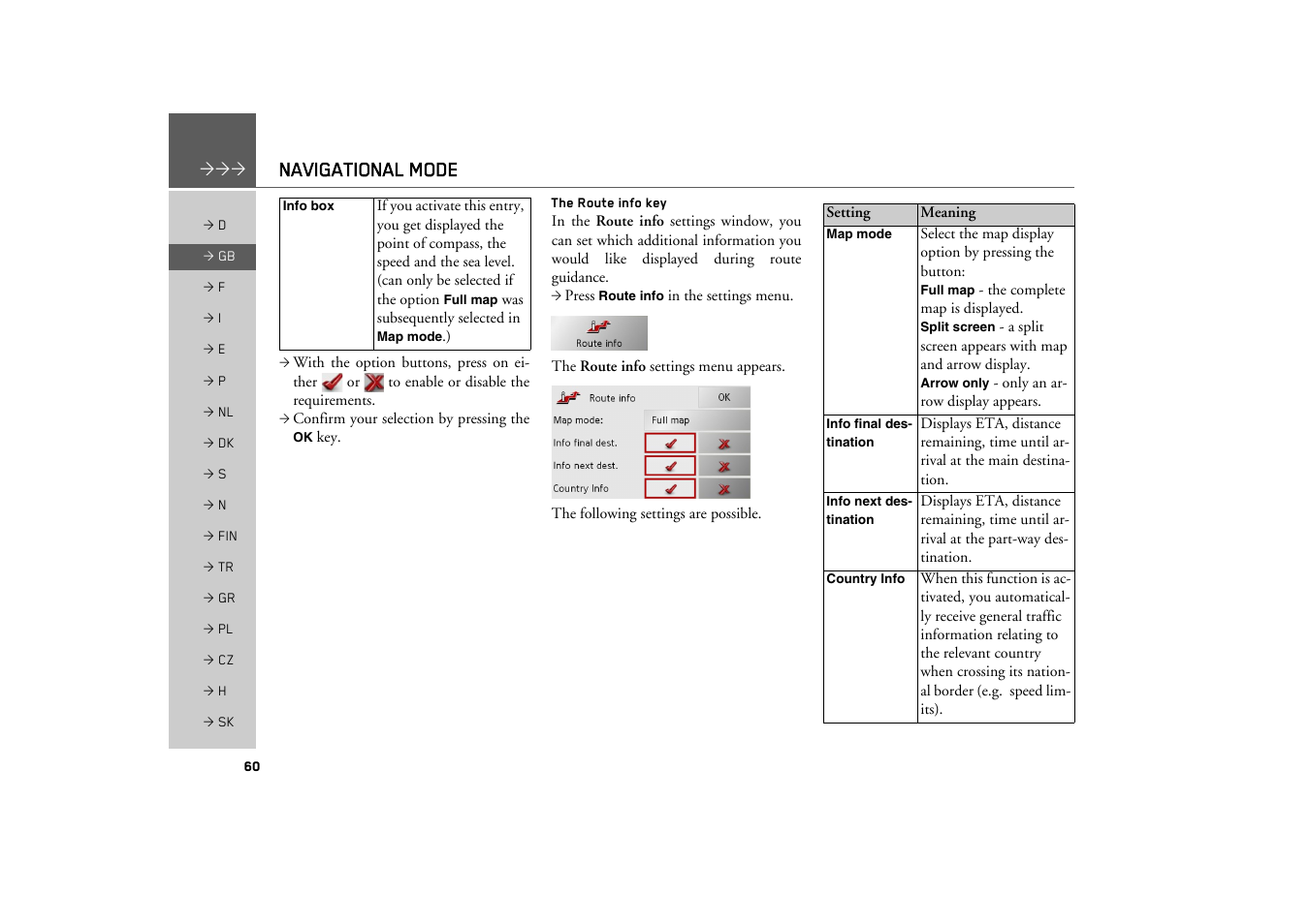 The route info key, Navigational mode | Becker TRAFFIC ASSIST Z200 User Manual | Page 60 / 117