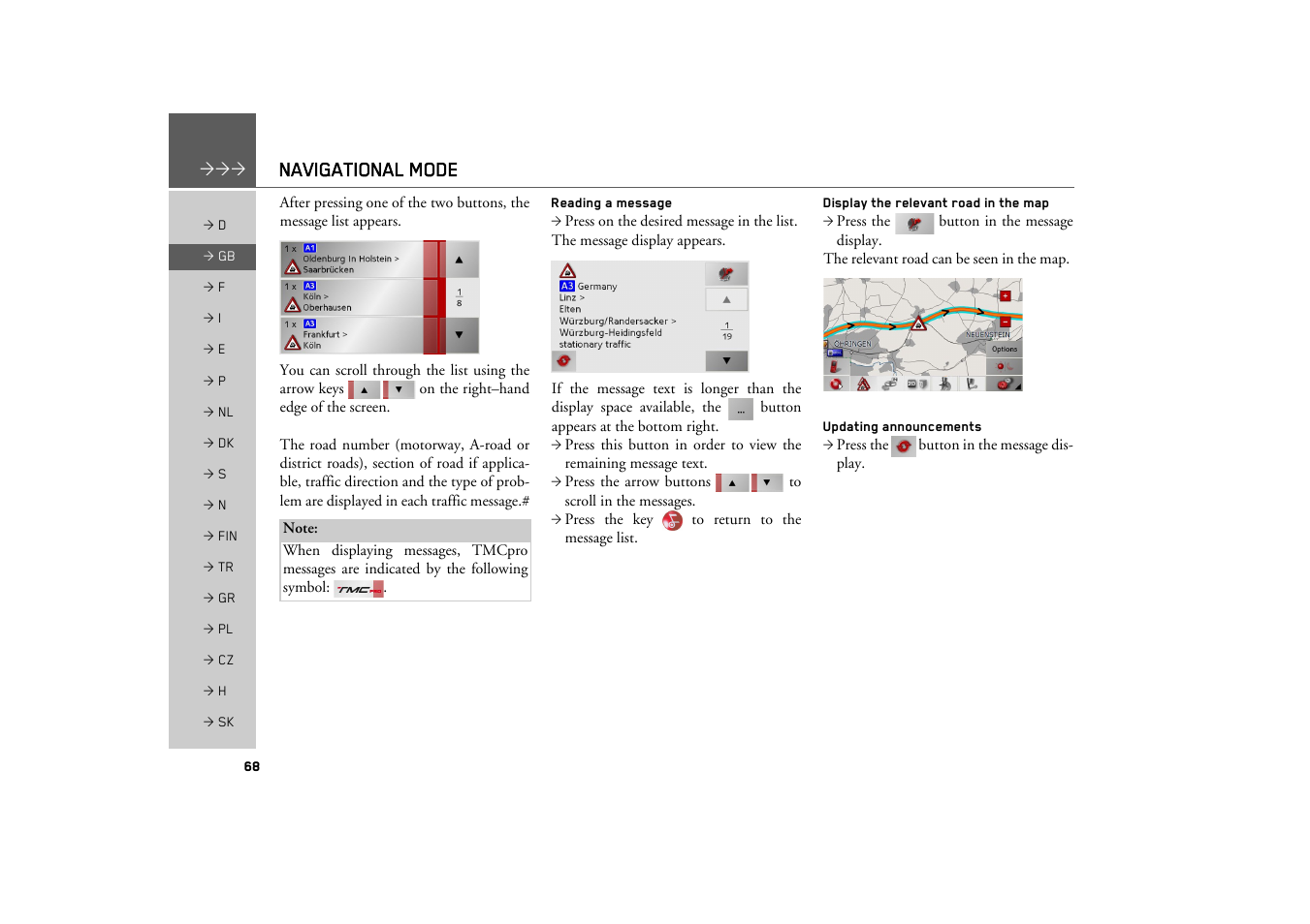 Reading a message, Display the relevant road in the map, Updating announcements | Navigational mode | Becker TRAFFIC ASSIST Z200 User Manual | Page 68 / 117