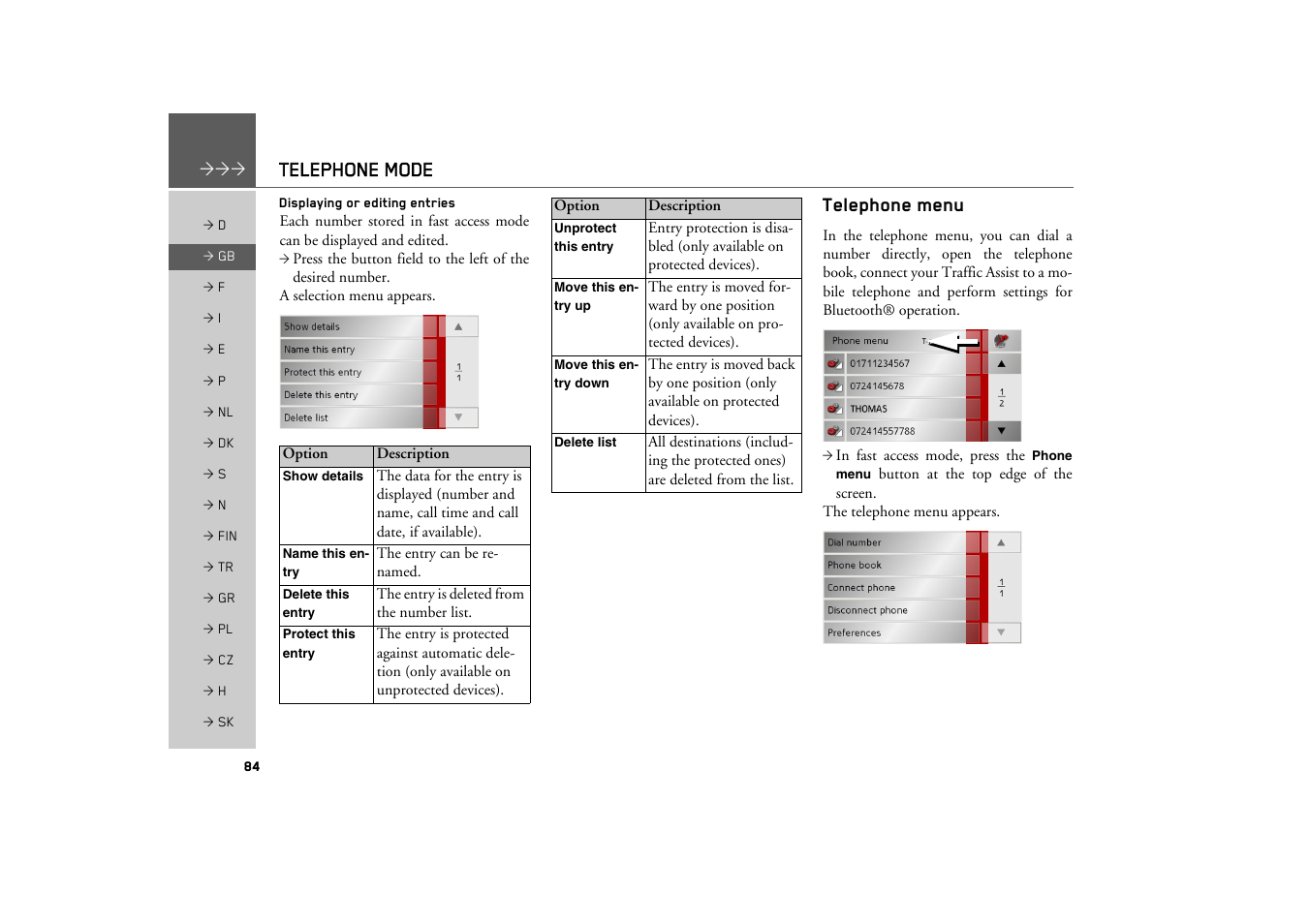 Displaying or editing entries, Telephone menu, Telephone mode | Becker TRAFFIC ASSIST Z200 User Manual | Page 84 / 117