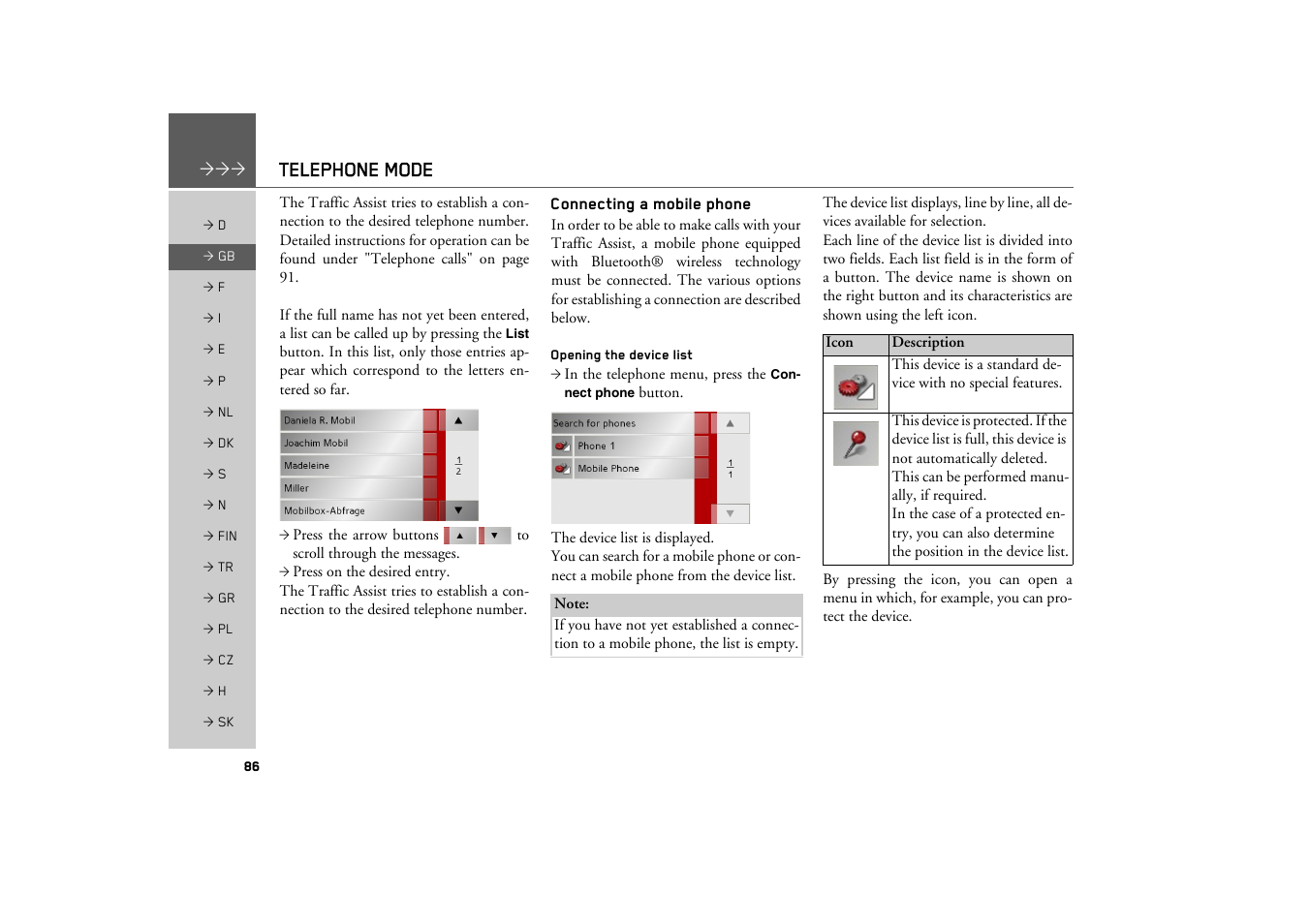 Connecting a mobile phone, Opening the device list, Telephone mode | Becker TRAFFIC ASSIST Z200 User Manual | Page 86 / 117