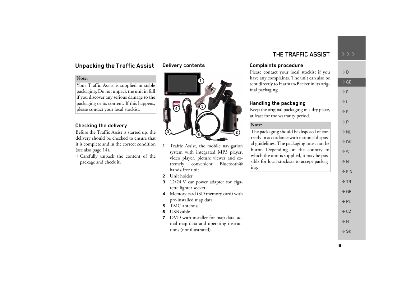 Unpacking the traffic assist, Checking the delivery, Delivery contents | Complaints procedure, Handling the packaging, The traffic assist | Becker TRAFFIC ASSIST Z200 User Manual | Page 9 / 117