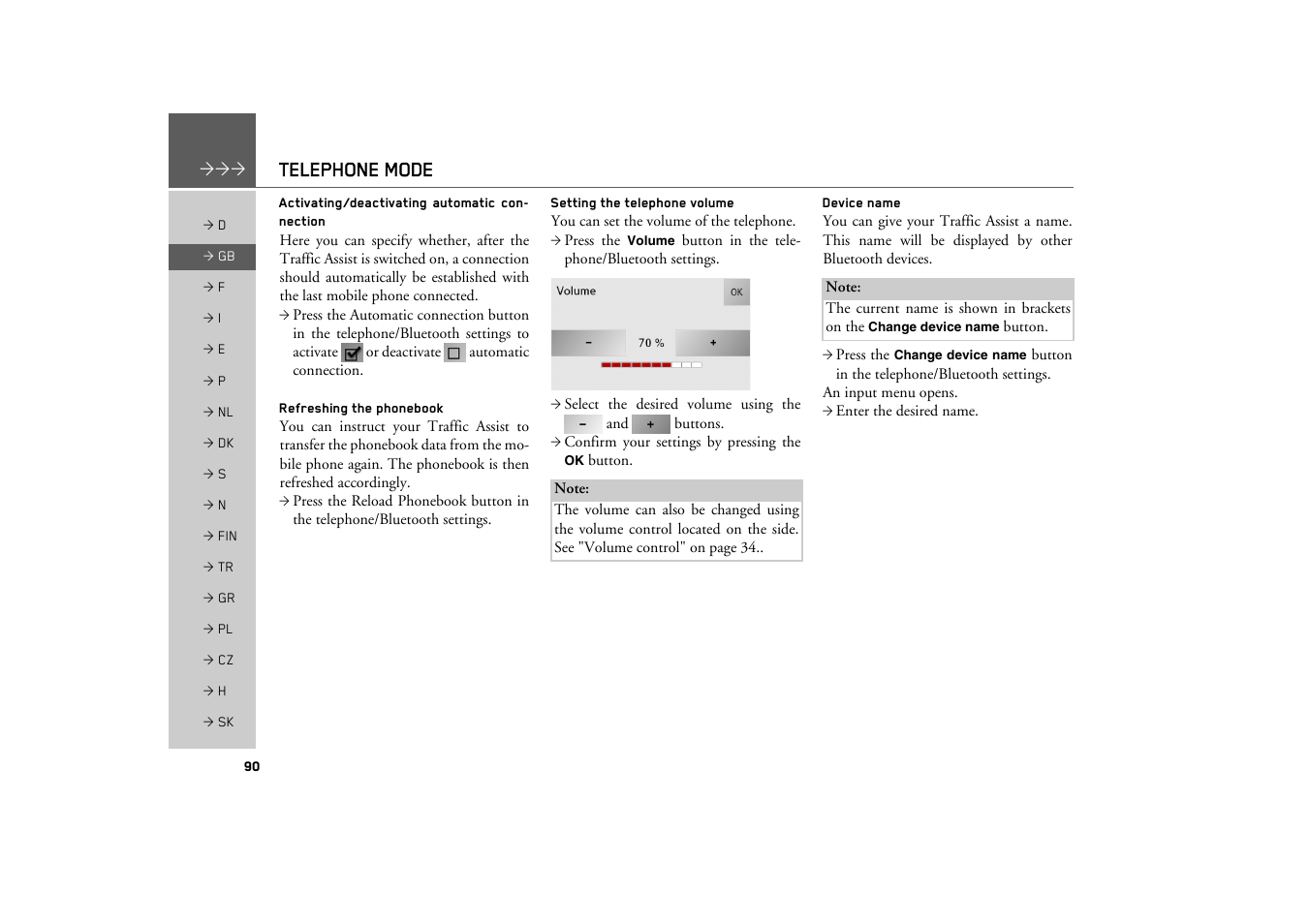 Activating/deactivating automatic connection, Refreshing the phonebook, Setting the telephone volume | Device name, Telephone mode | Becker TRAFFIC ASSIST Z200 User Manual | Page 90 / 117