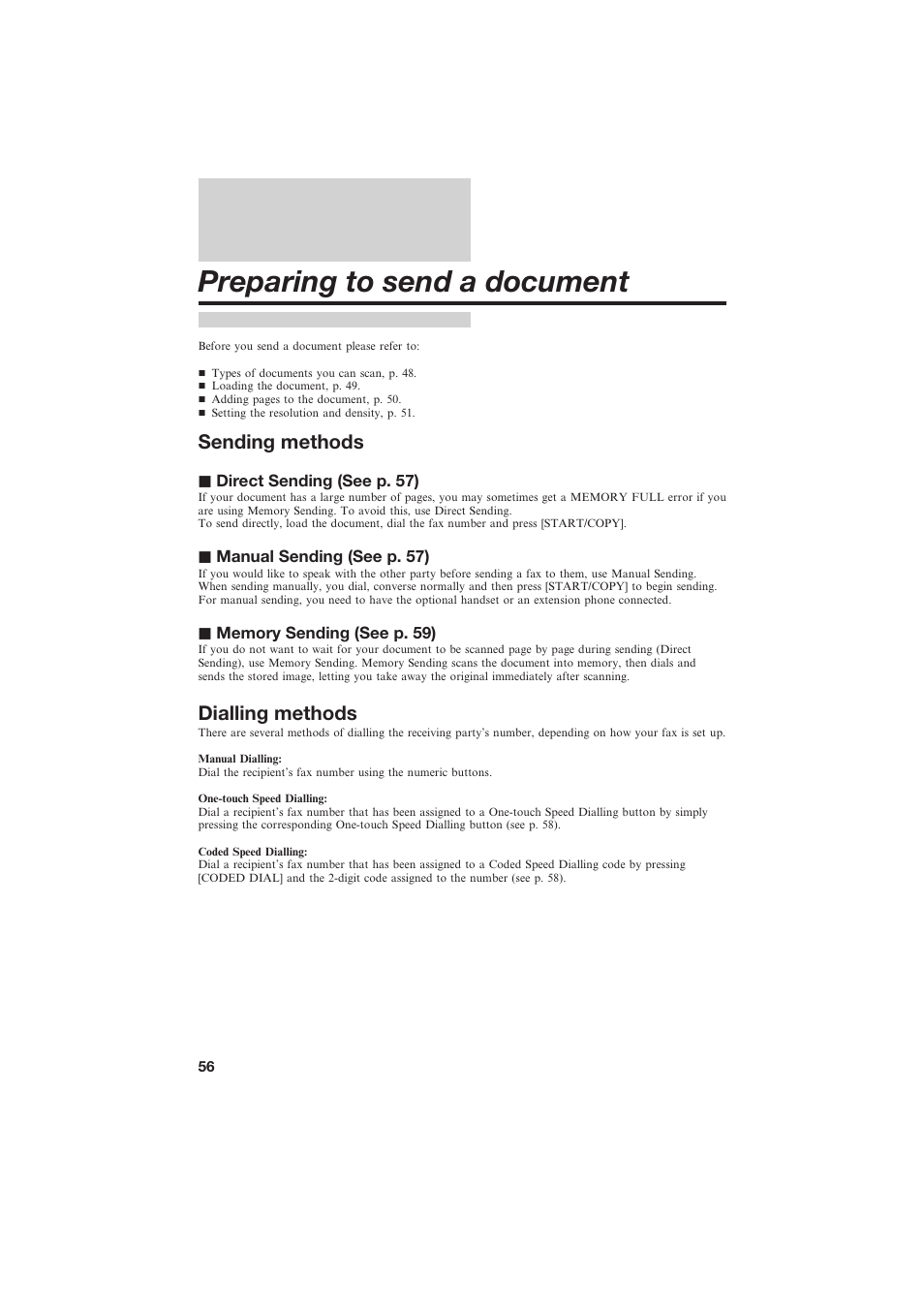 Preparing to send a document, Sending methods, Dialling methods | J direct sending (see p. 57), J manual sending (see p. 57) | Canon B150 User Manual | Page 68 / 138