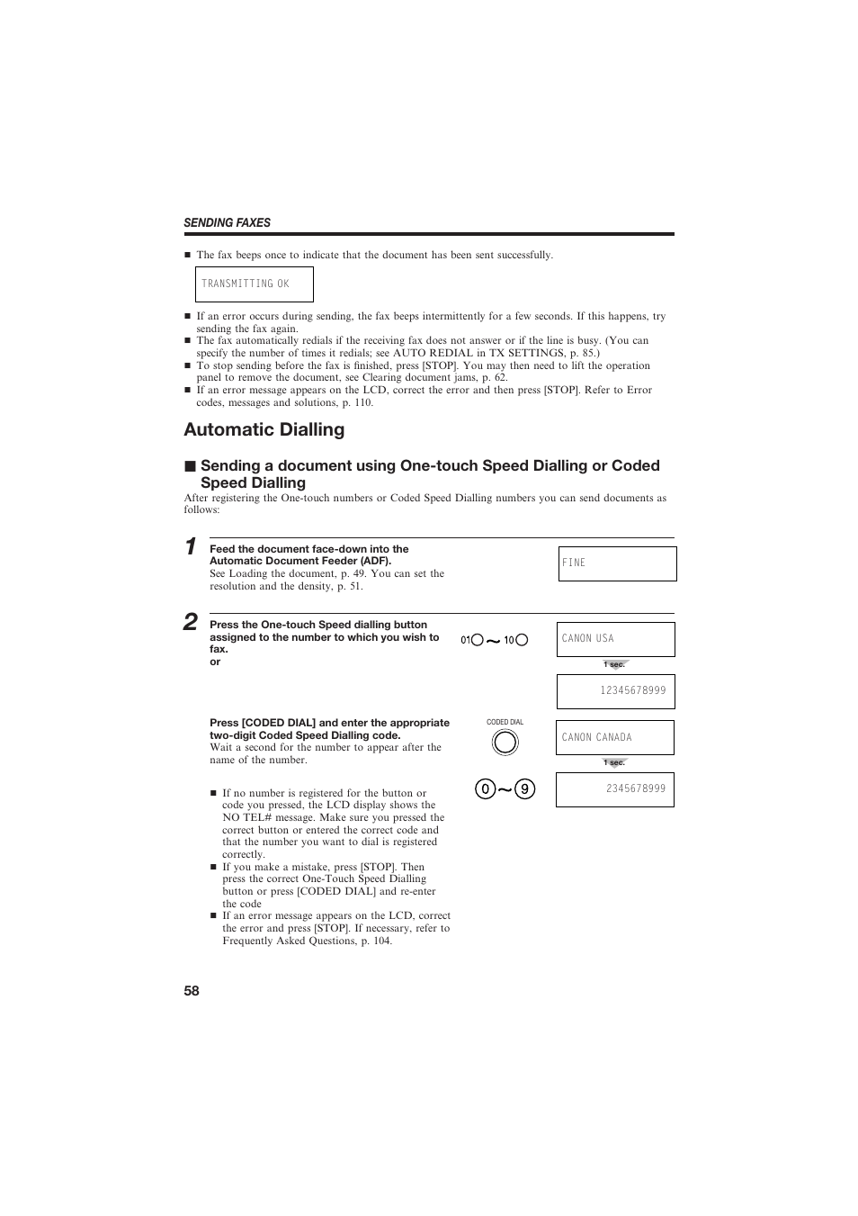 Automatic dialling | Canon B150 User Manual | Page 70 / 138