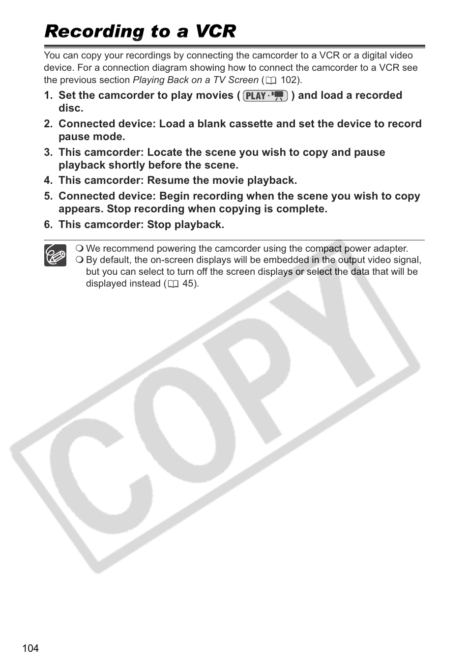 Recording to a vcr | Canon DC 40 User Manual | Page 104 / 144