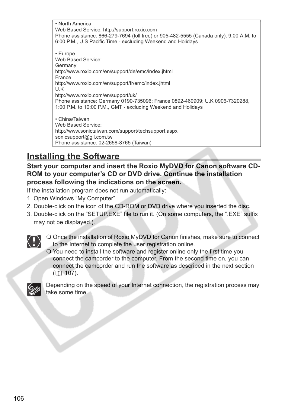 Installing the software | Canon DC 40 User Manual | Page 106 / 144