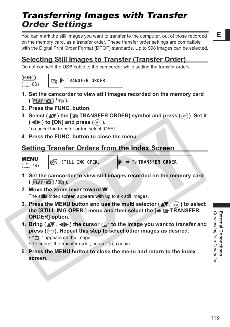 Transferring images with transfer order settings, Setting transfer orders from the index screen | Canon DC 40 User Manual | Page 113 / 144