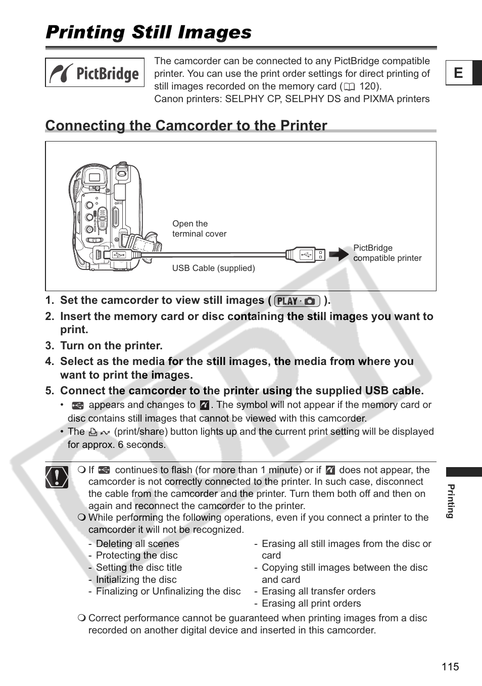 Printing still images, Connecting the camcorder to the printer | Canon DC 40 User Manual | Page 115 / 144