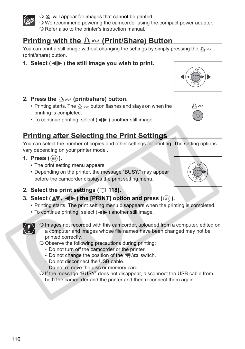 Printing with the (print/share) button, Printing after selecting the print settings | Canon DC 40 User Manual | Page 116 / 144