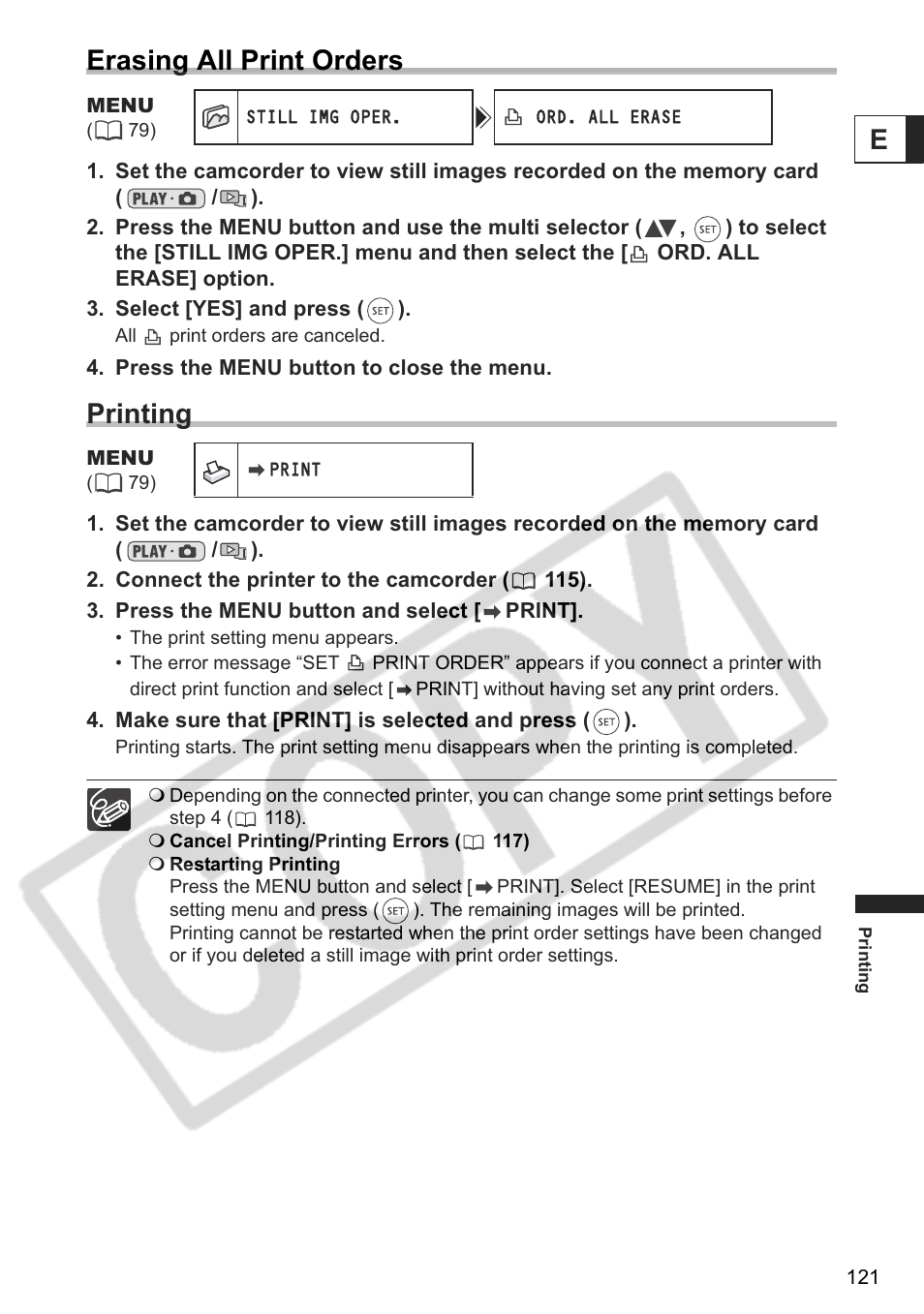 Eerasing all print orders, Printing | Canon DC 40 User Manual | Page 121 / 144