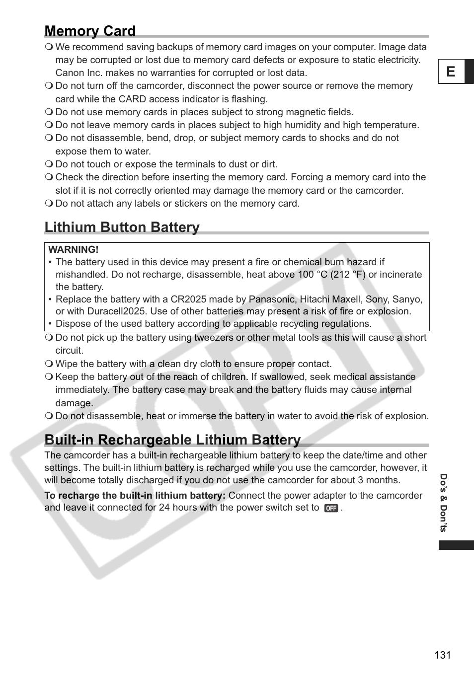 Lithium button battery, Built-in rechargeable lithium battery | Canon DC 40 User Manual | Page 131 / 144