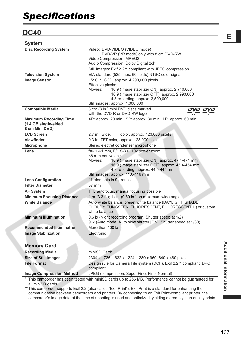 Specifications, Dc40 | Canon DC 40 User Manual | Page 137 / 144