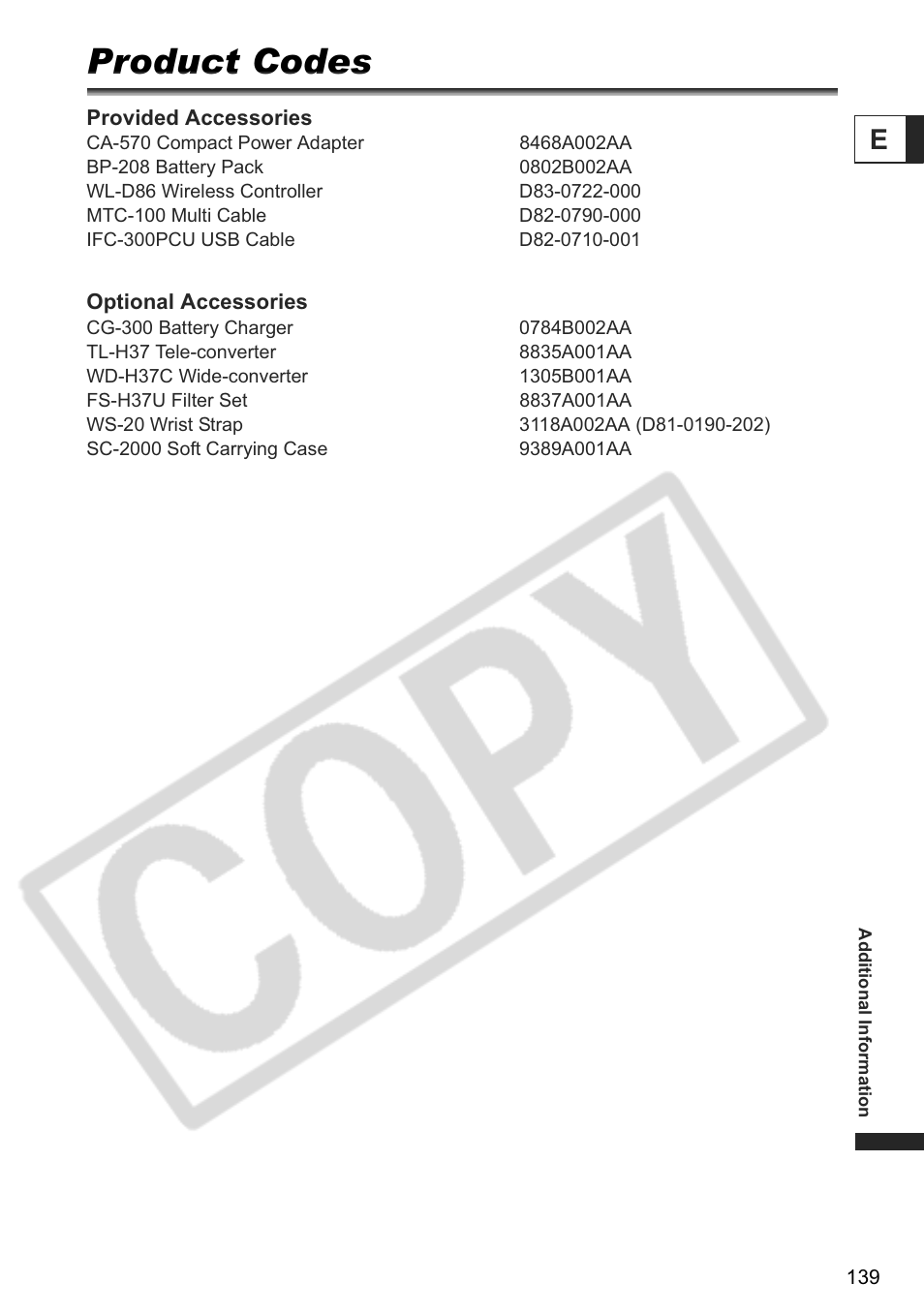 Product codes | Canon DC 40 User Manual | Page 139 / 144