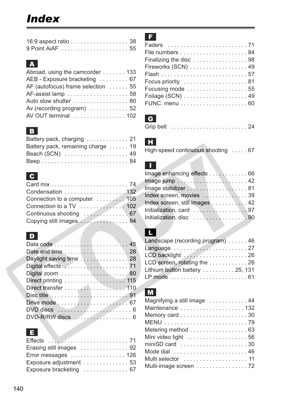 Index | Canon DC 40 User Manual | Page 140 / 144