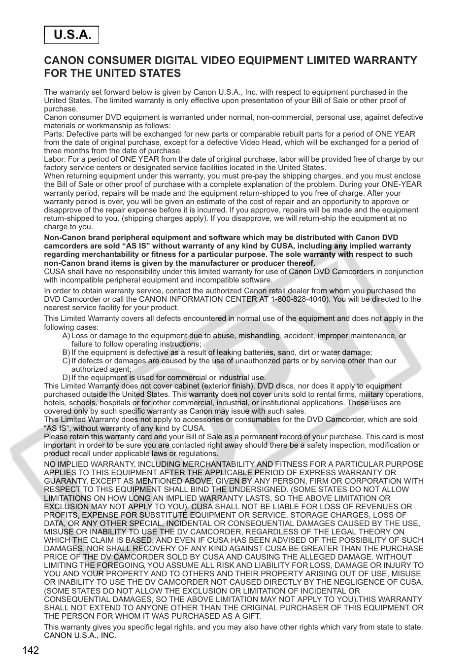 U.s.a | Canon DC 40 User Manual | Page 142 / 144