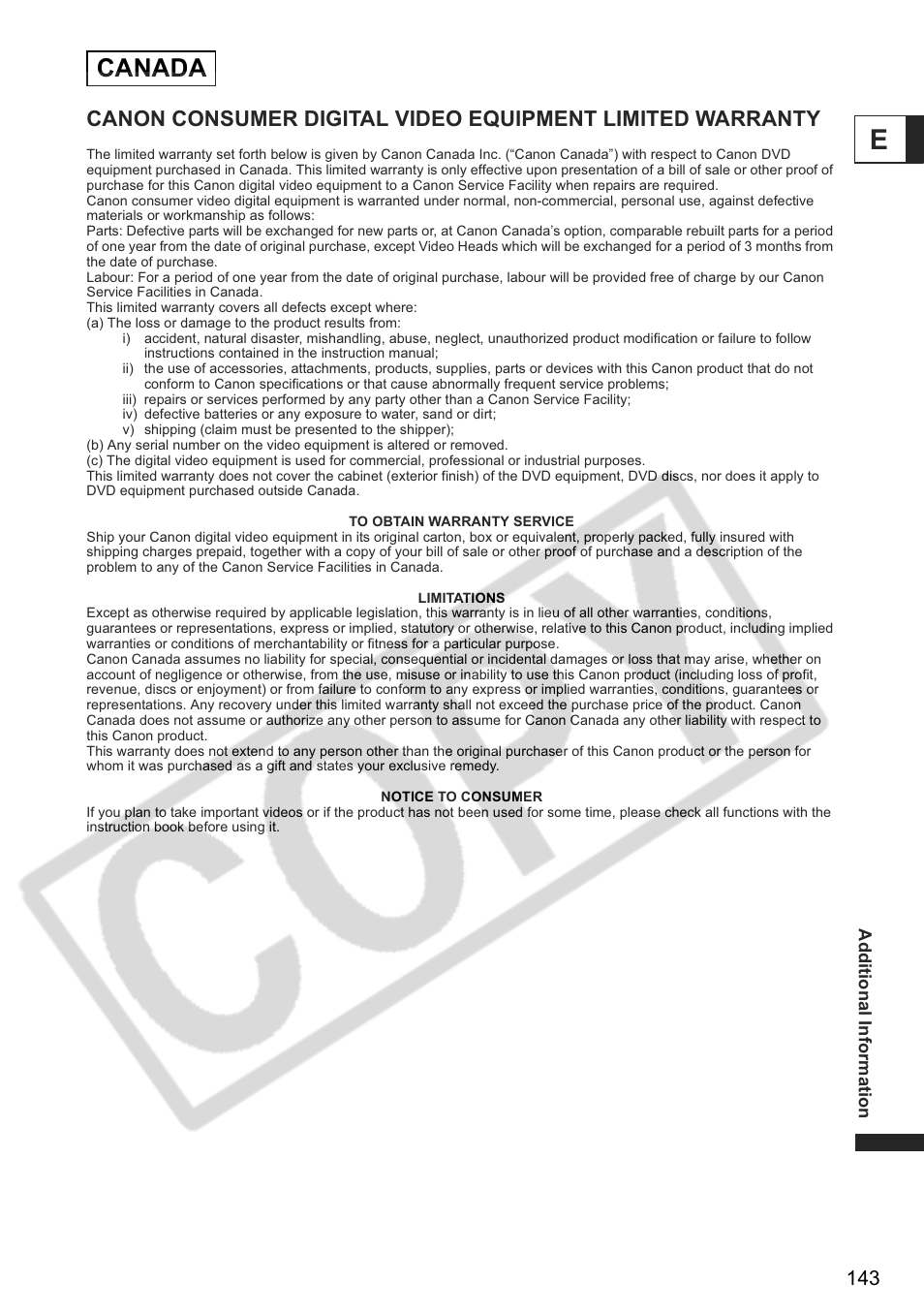Canada | Canon DC 40 User Manual | Page 143 / 144