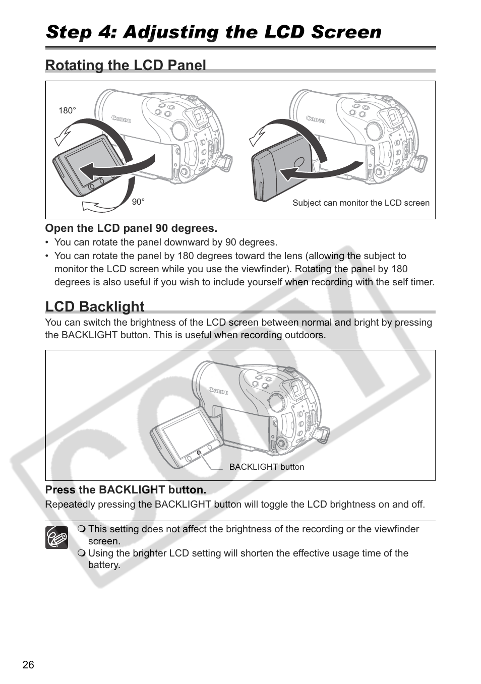 Step 4: adjusting the lcd screen, Rotating the lcd panel, Lcd backlight | Canon DC 40 User Manual | Page 26 / 144
