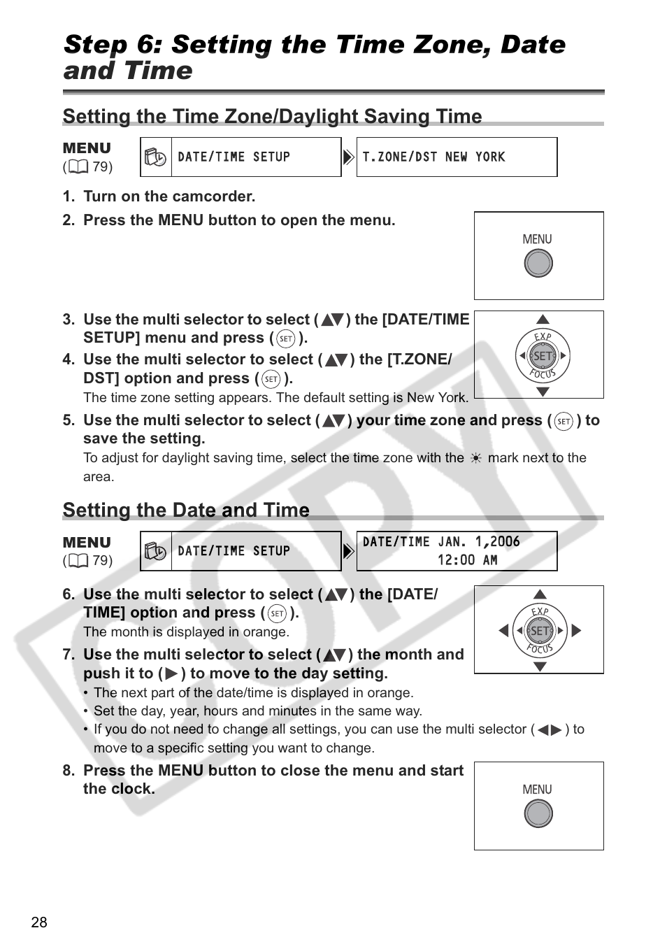 Step 6: setting the time zone, date and time, Setting the time zone/daylight saving time, Setting the date and time | Canon DC 40 User Manual | Page 28 / 144