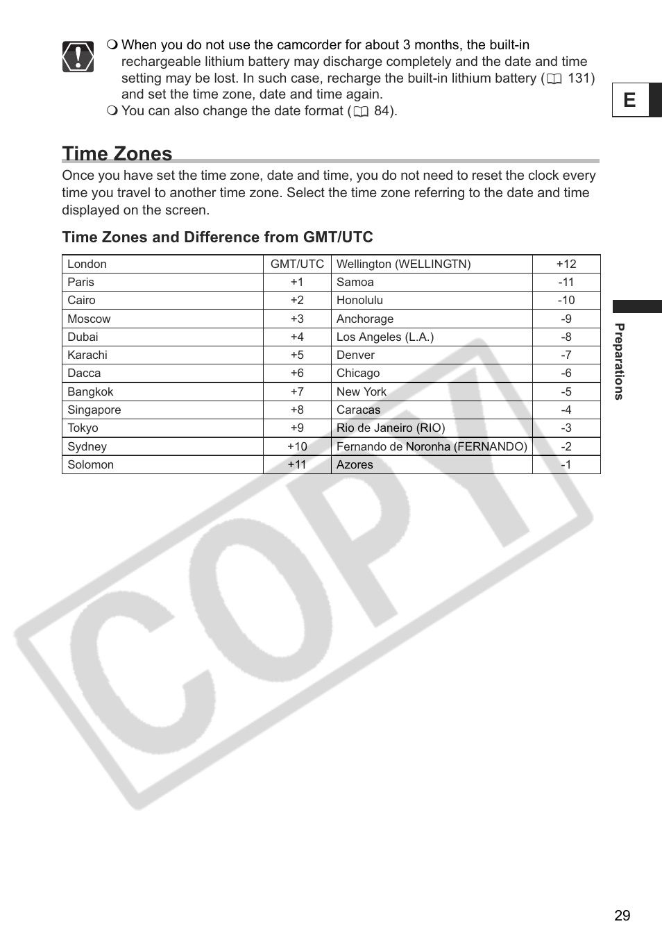 Time zones, Time zones and difference from gmt/utc | Canon DC 40 User Manual | Page 29 / 144