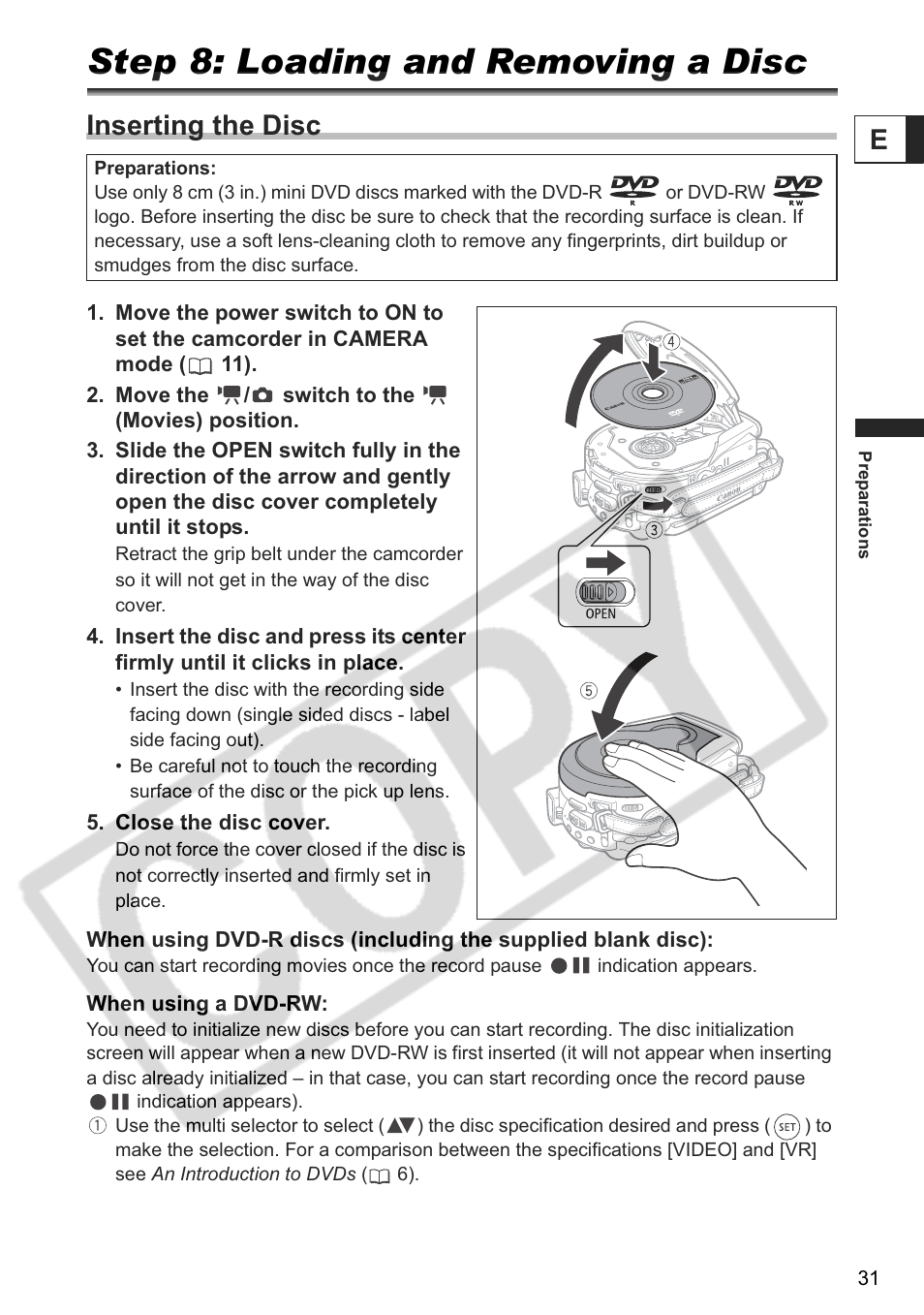 Step 8: loading and removing a disc, Inserting the disc | Canon DC 40 User Manual | Page 31 / 144