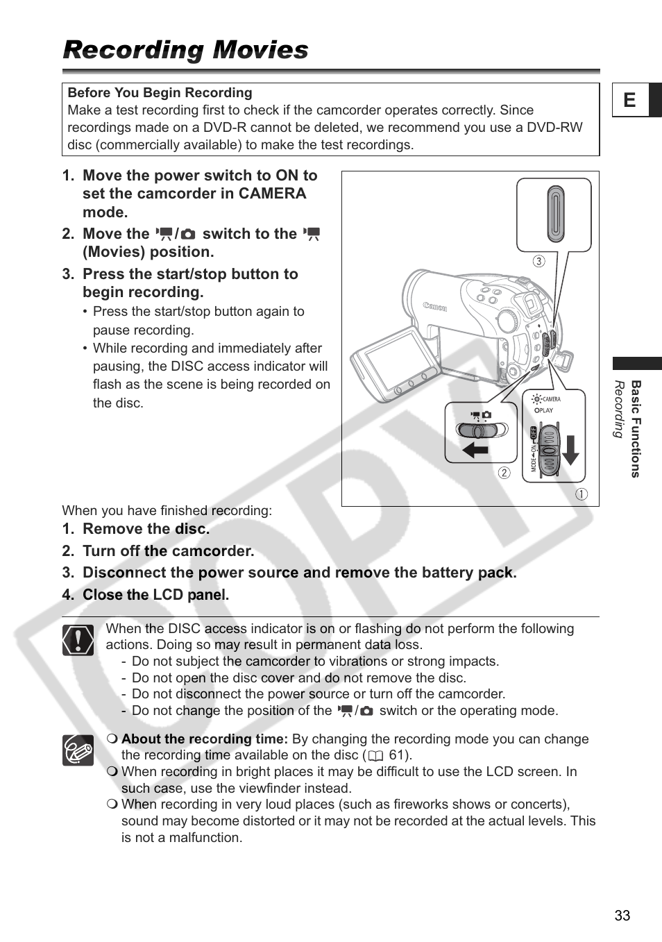 Recording movies | Canon DC 40 User Manual | Page 33 / 144