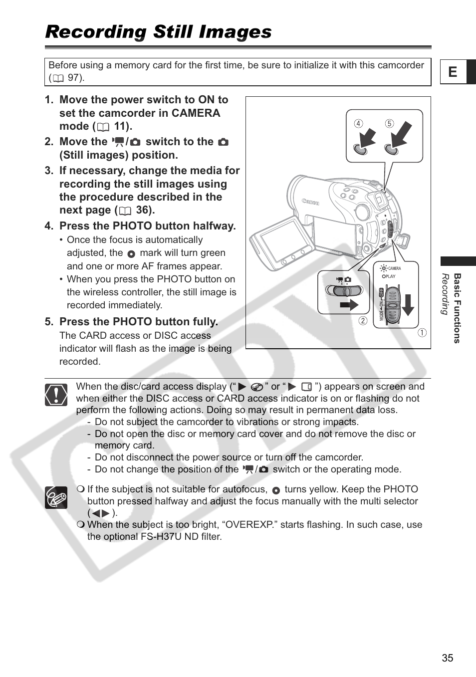 Recording still images | Canon DC 40 User Manual | Page 35 / 144