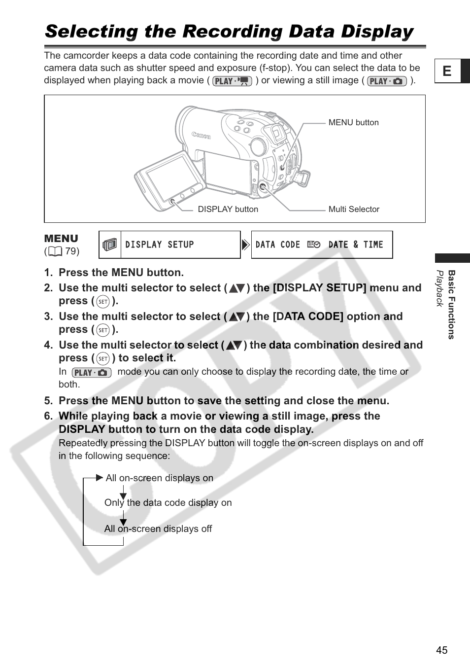 Selecting the recording data display | Canon DC 40 User Manual | Page 45 / 144