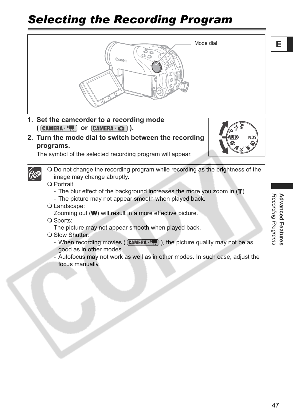 Selecting the recording program | Canon DC 40 User Manual | Page 47 / 144