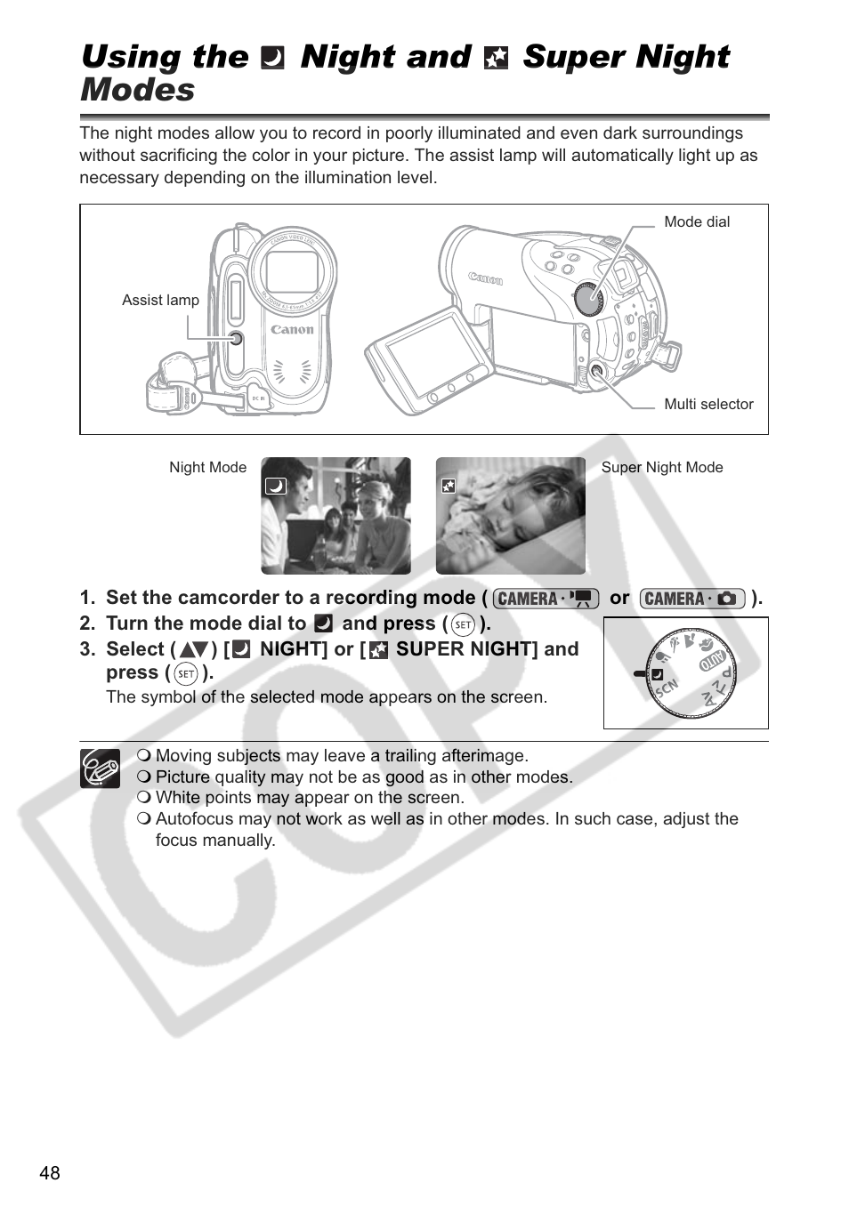 Using the night and super night modes | Canon DC 40 User Manual | Page 48 / 144
