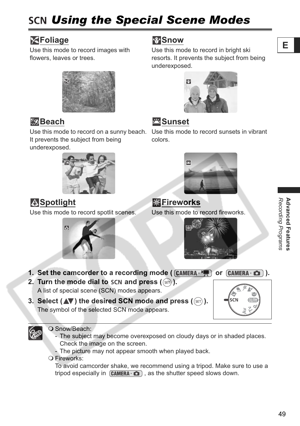 Using the special scene modes, Foliage, Snow | Beach, Sunset, Spotlight, Fireworks | Canon DC 40 User Manual | Page 49 / 144