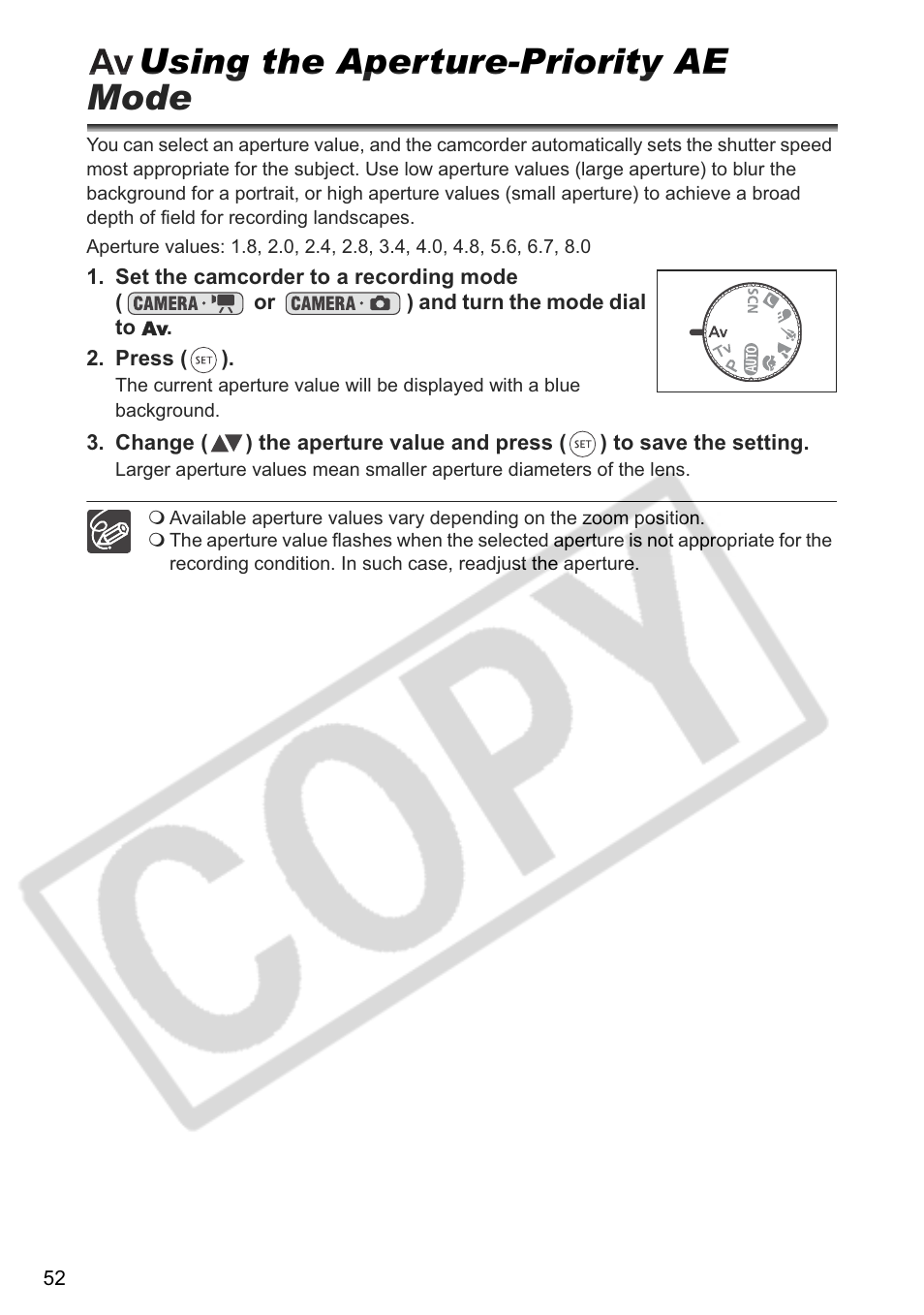Using the aperture-priority ae mode | Canon DC 40 User Manual | Page 52 / 144