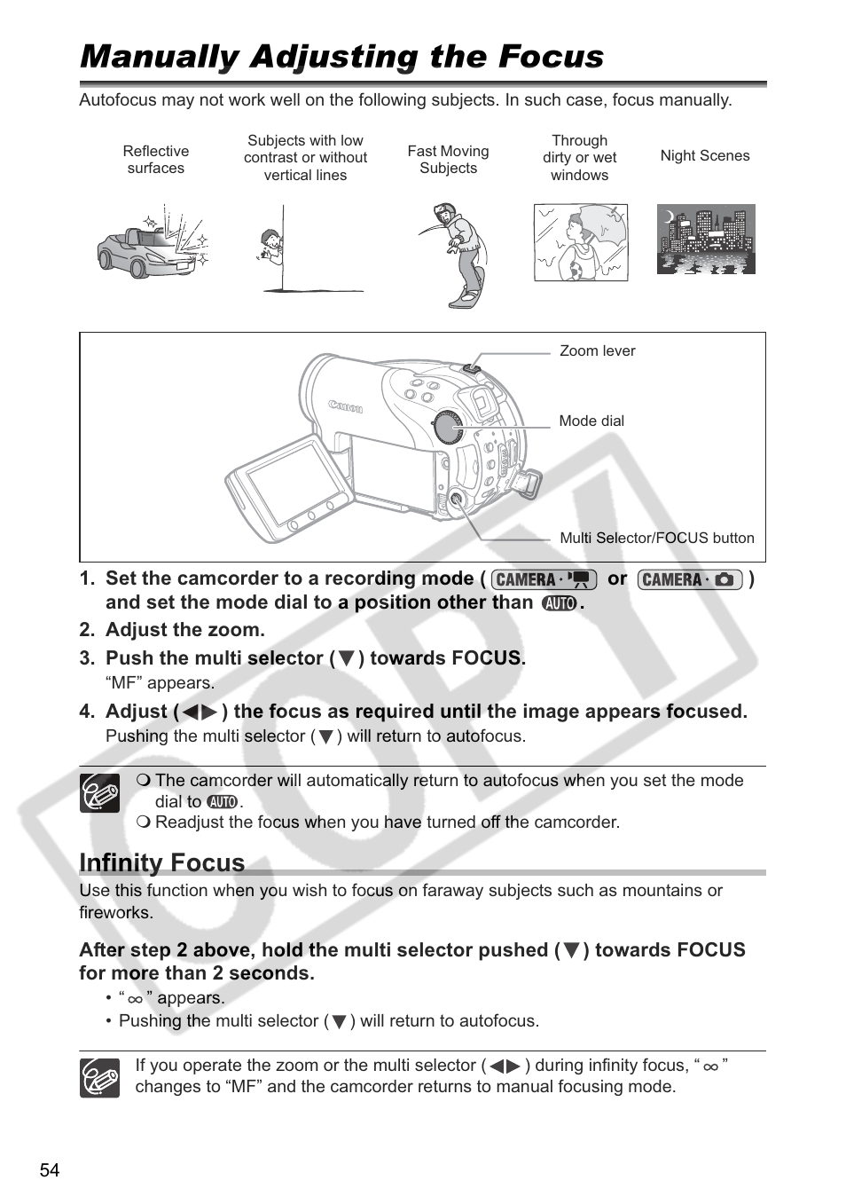 Manually adjusting the focus, Infinity focus | Canon DC 40 User Manual | Page 54 / 144