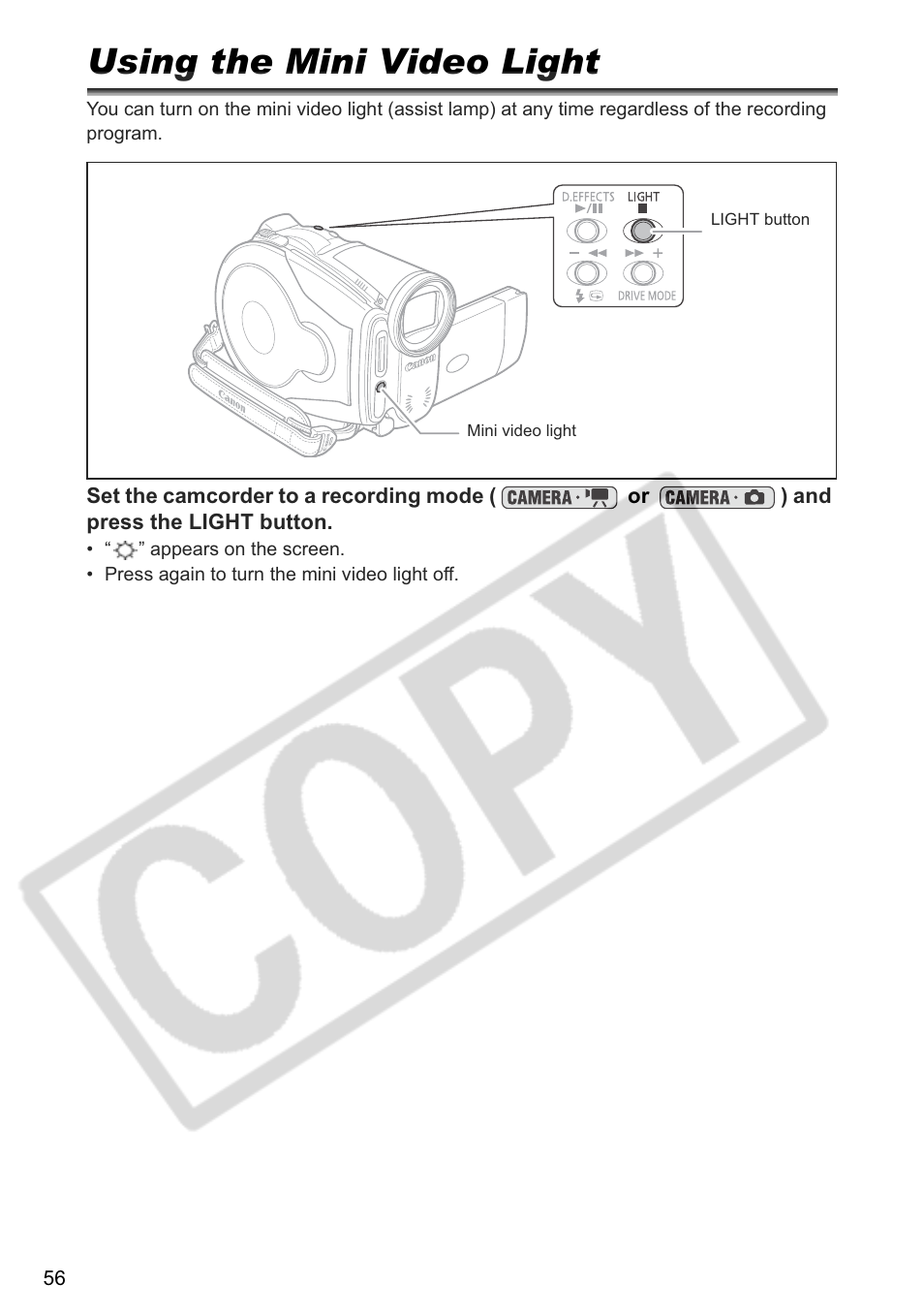 Using the mini video light | Canon DC 40 User Manual | Page 56 / 144