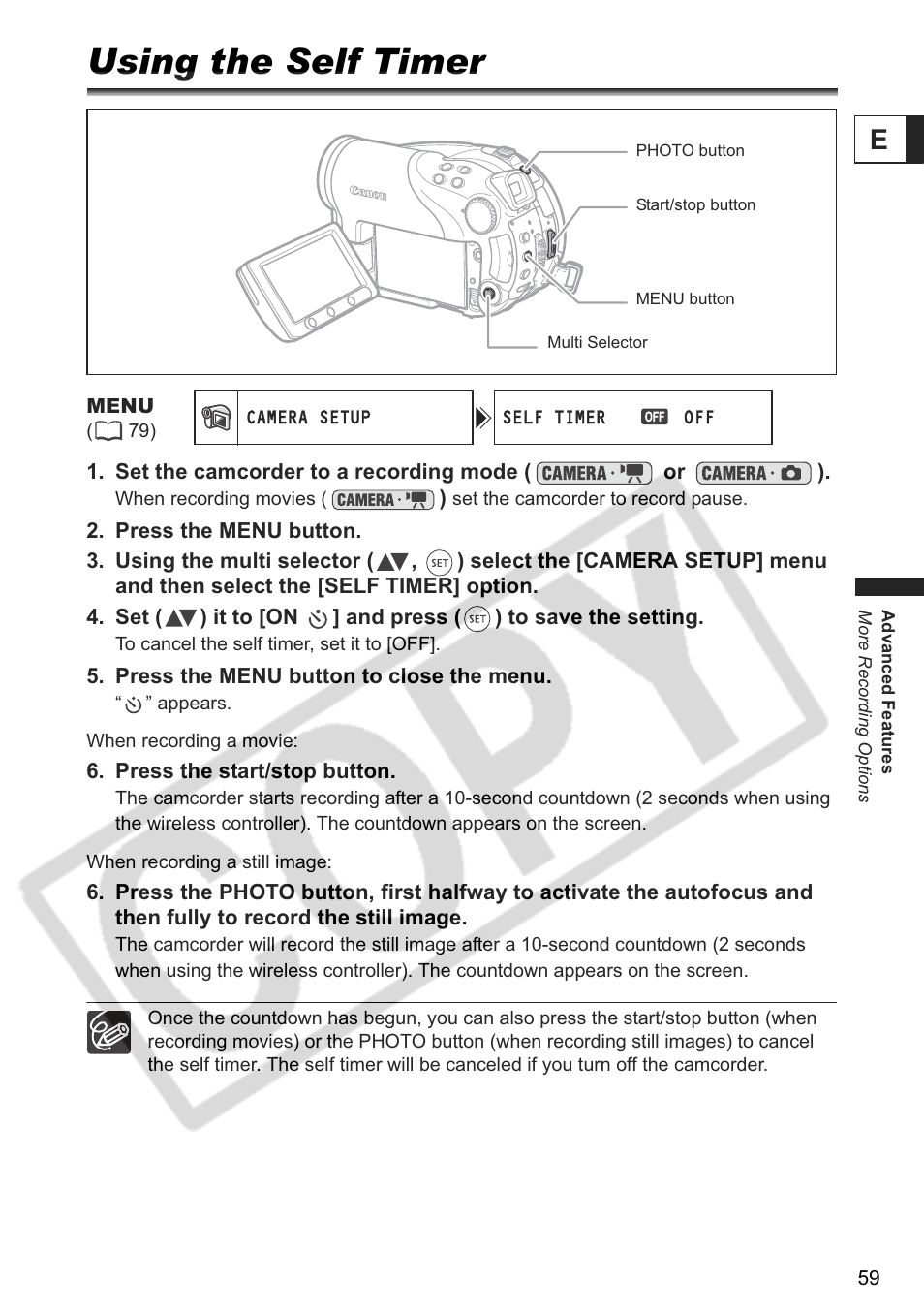 Using the self timer | Canon DC 40 User Manual | Page 59 / 144