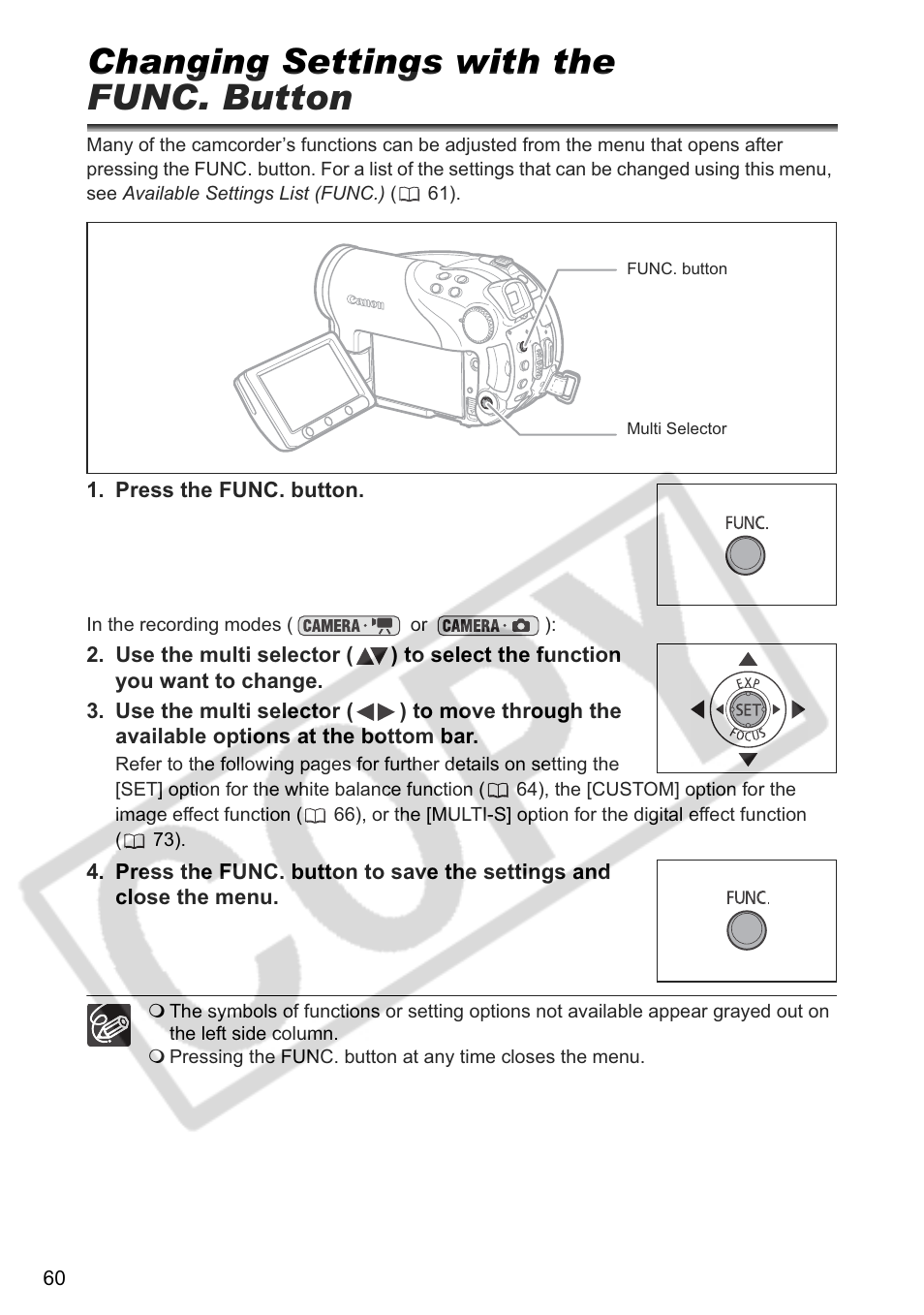 Changing settings with the func. button | Canon DC 40 User Manual | Page 60 / 144