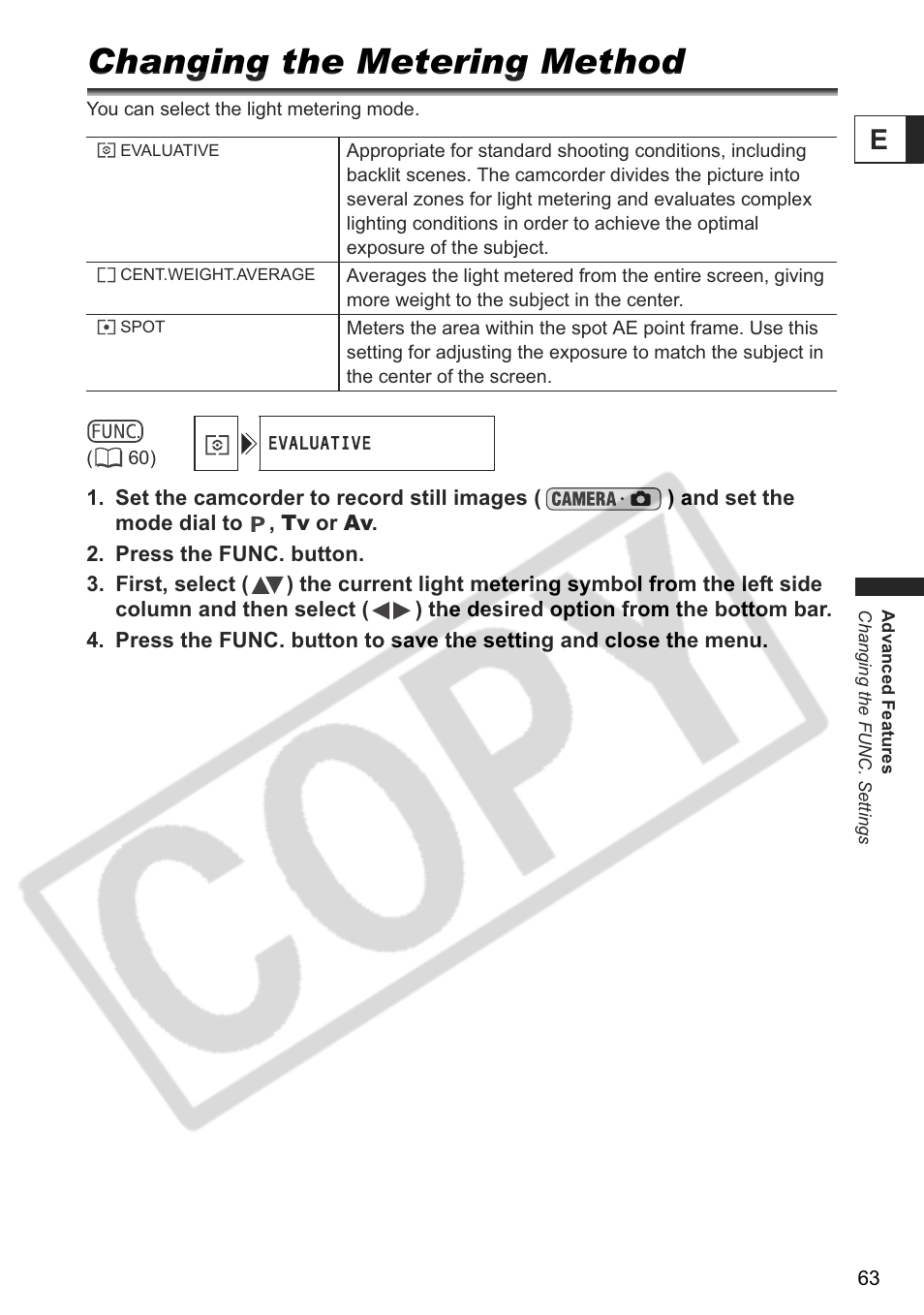Changing the metering method | Canon DC 40 User Manual | Page 63 / 144