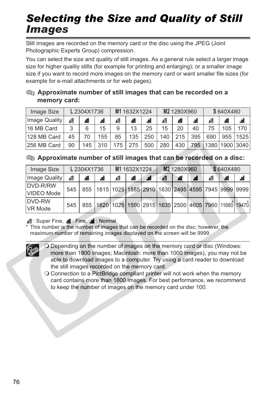 Selecting the size and quality of still images | Canon DC 40 User Manual | Page 76 / 144