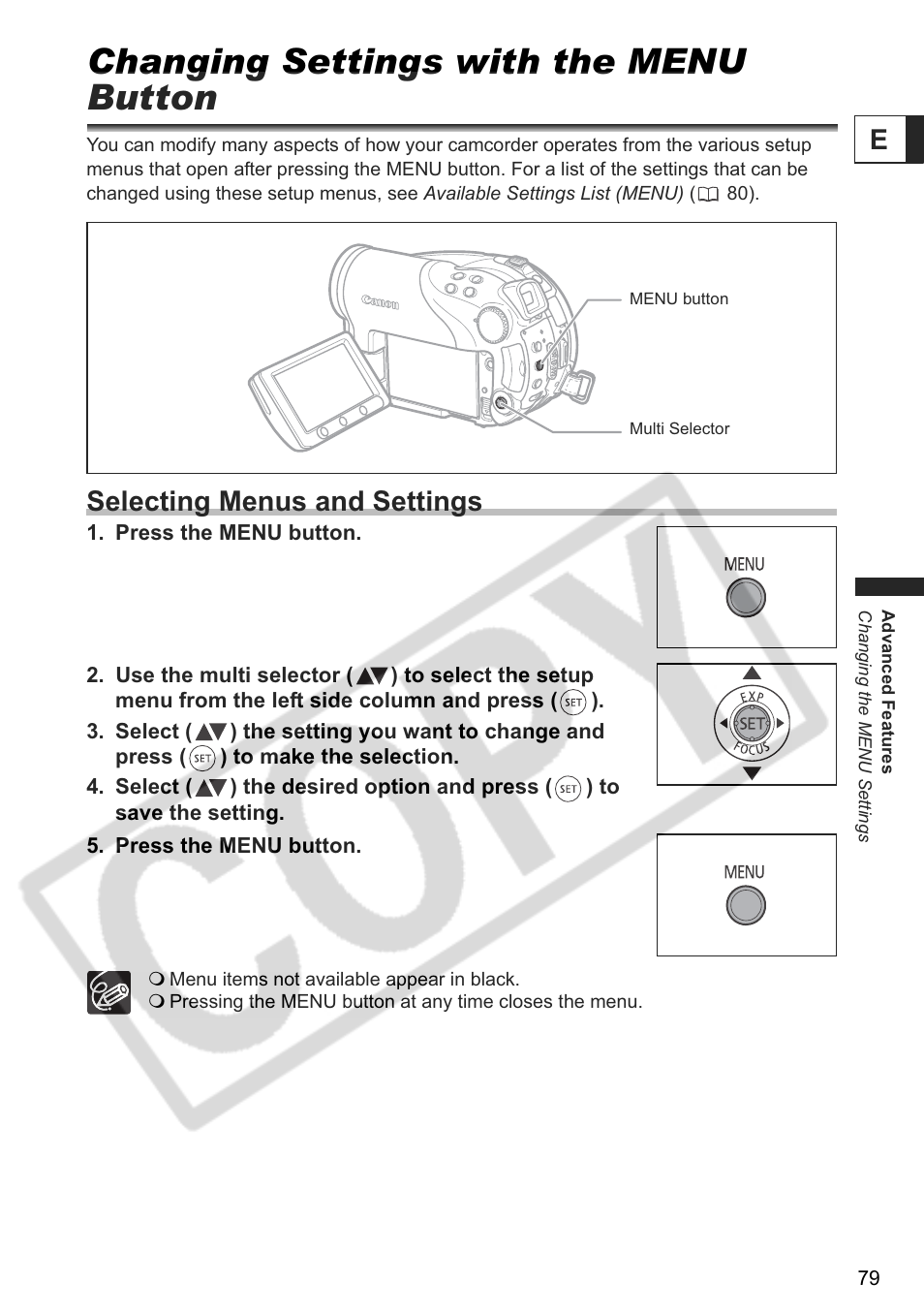 Changing settings with the menu button, Selecting menus and settings | Canon DC 40 User Manual | Page 79 / 144