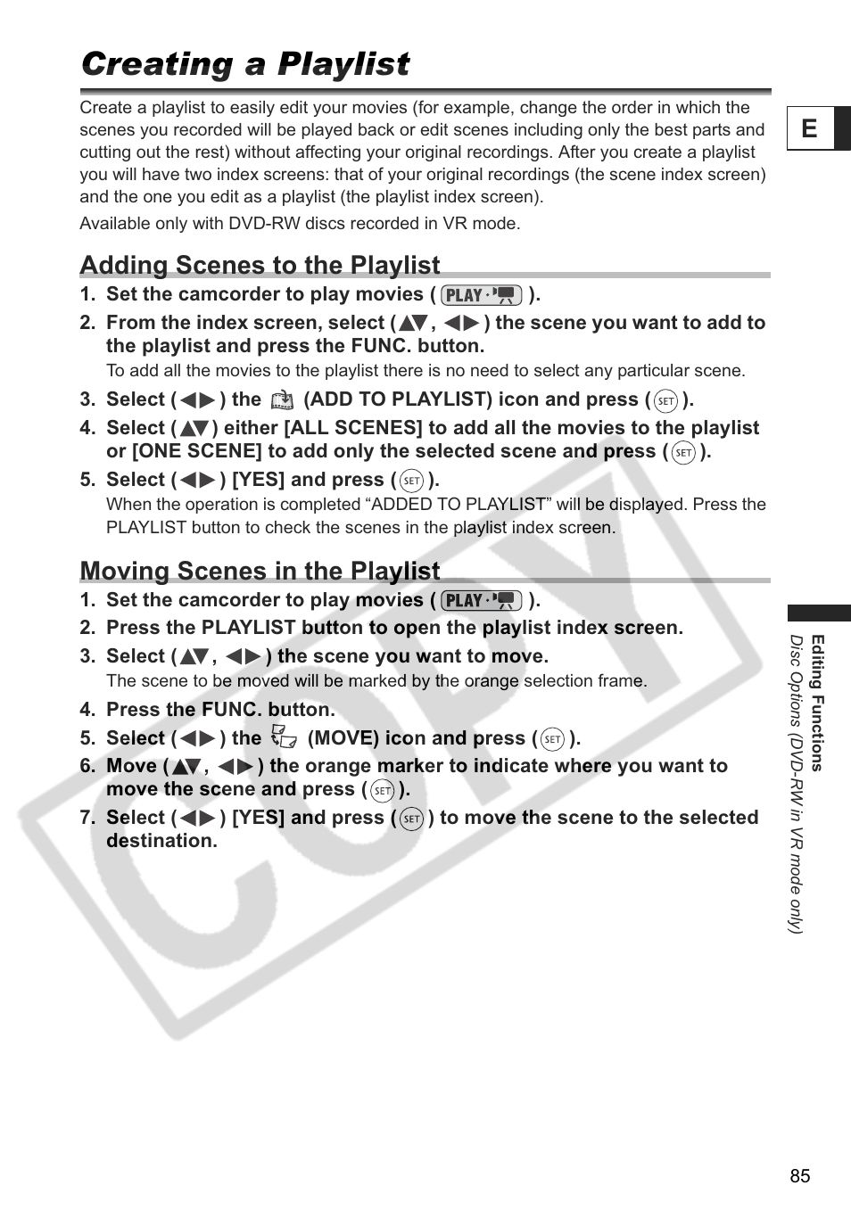 Creating a playlist, Adding scenes to the playlist, Moving scenes in the playlist | Canon DC 40 User Manual | Page 85 / 144