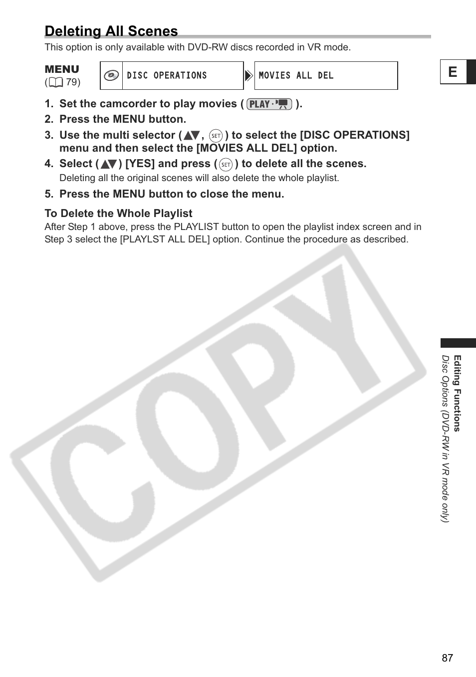 Edeleting all scenes | Canon DC 40 User Manual | Page 87 / 144