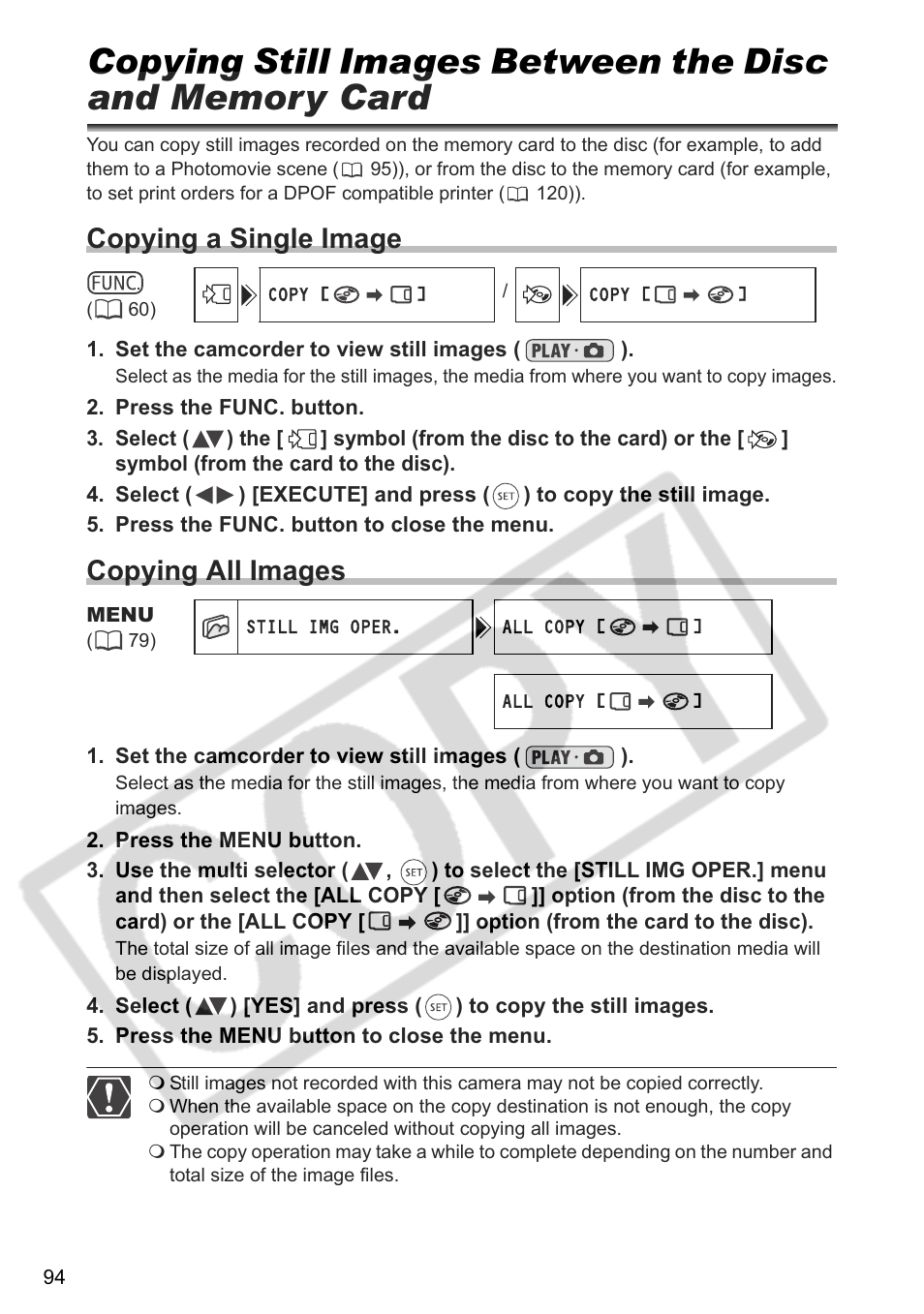 Copying a single image, Copying all images | Canon DC 40 User Manual | Page 94 / 144